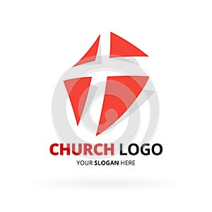 Christian church logo with red cross icon design. Vector illustration.