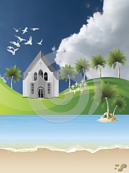 Christian church with tropical landscape