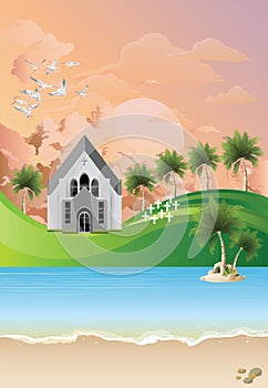 Christian church with tropical landscape at dawn