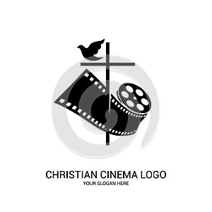 Christian cinema logo. Symbols of movies and videos for the ministry, conference, camp, festival, event photo