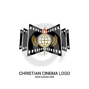 Christian cinema logo. Symbols of movies and videos for the ministry, conference, camp, festival, event