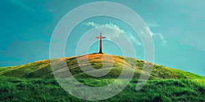 Christian cross against the sky over the mountains. Christian religion. Easter.