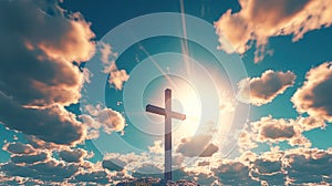 Christian Cross Appears Bright in the Blue Clloudy Sky Background