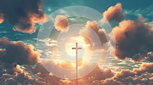 Christian Cross Appears Bright in the Blue Clloudy Sky Background