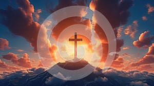 Christian Cross Appears Bright in the Red Cloudy Sky Background