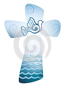 Christian cross baptism. Holy spirit symbol with dove and sea