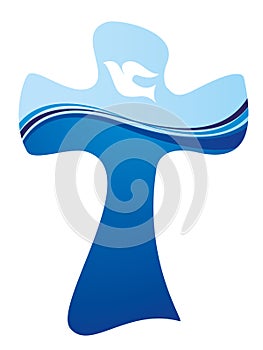 Christian cross baptism symbol with white dove and water waves on blue background