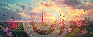 Christian cross on beautiful spring field with flowers at sunrise. Resurrection of Jesus, crucifixion. Easter