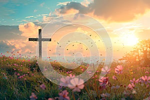 Christian cross on beautiful spring field with flowers at sunrise. Resurrection of Jesus, crucifixion. Easter