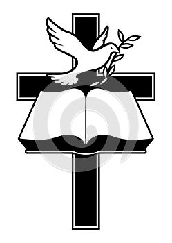 Christian Cross, Bible and Dove with Olive Branch Isolated Vector Illustration