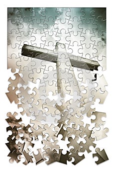 Christian cross on blue background in shape of puzzle