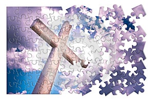 Christian cross on blue background in shape of puzzle - concept