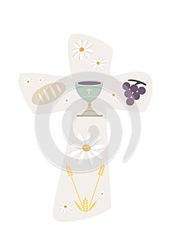 Christian cross with chalice grapes bread and wheat ear. Religious sign. pastel grey background