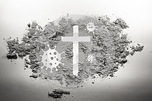 Christian cross and covid-19, coronavirus virus bacteria microbe germ made in ash, dirt, dust as religion