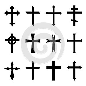 Christian cross. Crucifix icon. Black catholic symbol. Gothic religious silhouette for church of Jesus. Set of orthodox crosses on