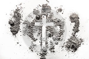 Christian cross, crucifix symbol in ash, dust. Ash Wednesday con