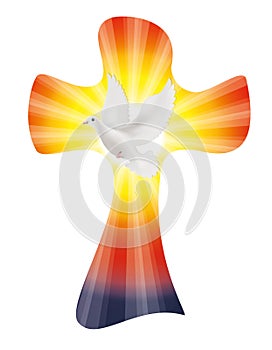 Isolated christian cross with dove on sunset or sunrise background with light rays. Peace symbol