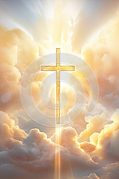 Christian cross and divine light through the clouds around cross in sky, enchanting light and peach fuzz tones on heaven