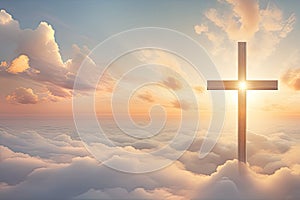 Christian cross and divine light through the clouds in sky, enchanting light on heaven, religion concept