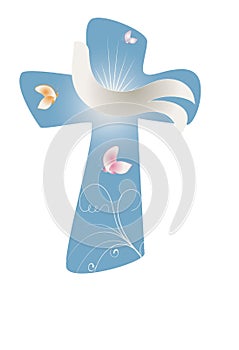 Christian cross with dove and butterfly