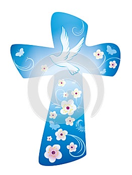 Christian cross with dove and flowers on blue background photo