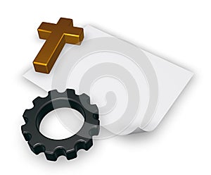 Christian cross and gear wheel - 3d rendering