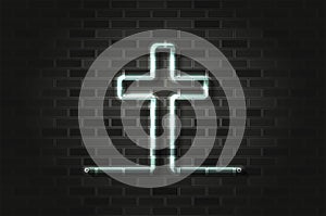 Christian cross glowing neon sign or glass tube on a black brick wall. Realistic vector art