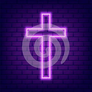 Christian cross glowing neon sign or LED strip light. Vector illustration