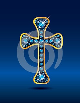 Christian Cross in Gold with Aquamarine Stones