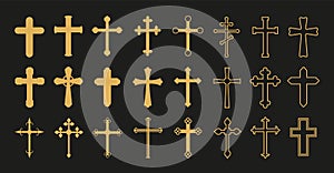 Christian cross. Gold crosses, simple decorative crucifix. Catholicism church religion vector symbols