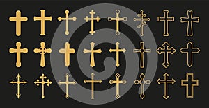 Christian cross. Gold crosses, simple decorative crucifix. Catholicism church religion vector symbols photo