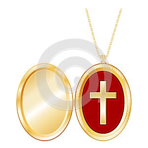 Christian Cross Gold Locket, Jewelry Necklace Chain, isolated on white background