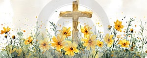 Christian cross with green leaves and spring flowers on beige background. Happy Easter