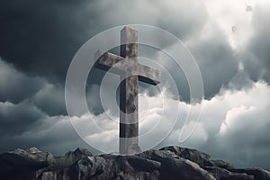 Christian cross on grey cloudy sky background announces Jesus\'s rising from the dead. Generative AI photo