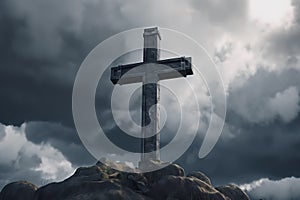 Christian cross on grey cloudy sky background announces Jesus\'s rising from the dead. Generative AI photo