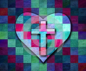 Christian cross and a heart on a vibrant checkerboard patterned background