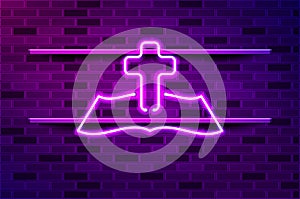 Christian cross and holy bible glowing purple neon sign or LED strip light. Realistic vector illustration