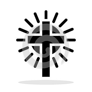 Christian cross icon. Black symbol of Christian cross with sun rays. Religious symbol.