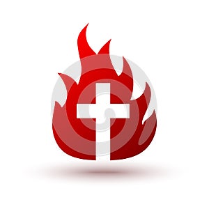 Christian cross icon in fire shape. Religion symbol. Vector illustration