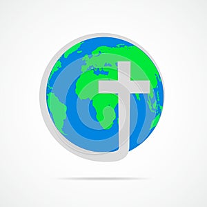 Christian cross icon with globe Earth. Vector illustration.