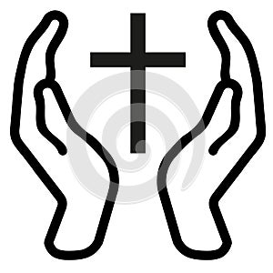 Christian cross icon with hands. World religion symbol. Isolated vector illustration