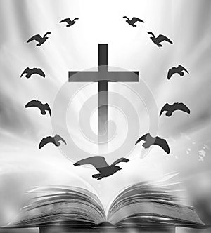 The Christian Cross is illuminated in a book in white and fantasy light, with magic shining as hope, love and freedom in beautiful