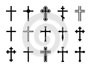 Christian cross. Jesus Christ crucifix, different shapes of orthodox and catalytic crosses religious silhouette signs