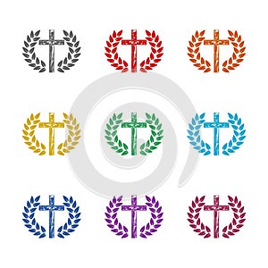 Christian Cross and laurel wreath icon isolated on white background. Set icons colorful
