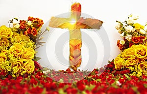 Christian Cross With Light Shining In Bright Colorful Easter Flower