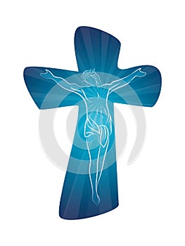 Christian cross with line art crucified jesus on blue background multiple exposure. Crucifix. Crucifixion. Religious sign