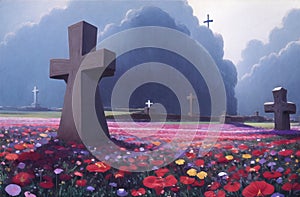 Christian Cross in the middle of flower field. Good Friday Palm Sunday Concept. Ai Generated