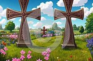 Christian Cross in the middle of flower field. Good Friday Palm Sunday Concept. Ai Generated