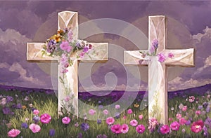 Christian Cross in the middle of flower field. Good Friday Palm Sunday Concept. Ai Generated