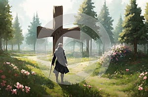Christian Cross in the middle of flower field. Good Friday Palm Sunday Concept. Ai Generated
